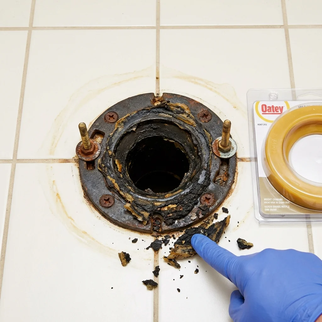 Failed wax ring showing water seepage at the base of a toilet in a Columbia, LA home