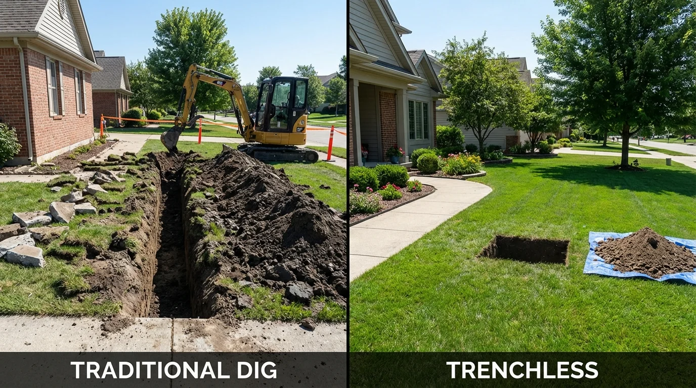 Trenchless sewer repair with minimal yard damage versus traditional excavation in Columbia, LA